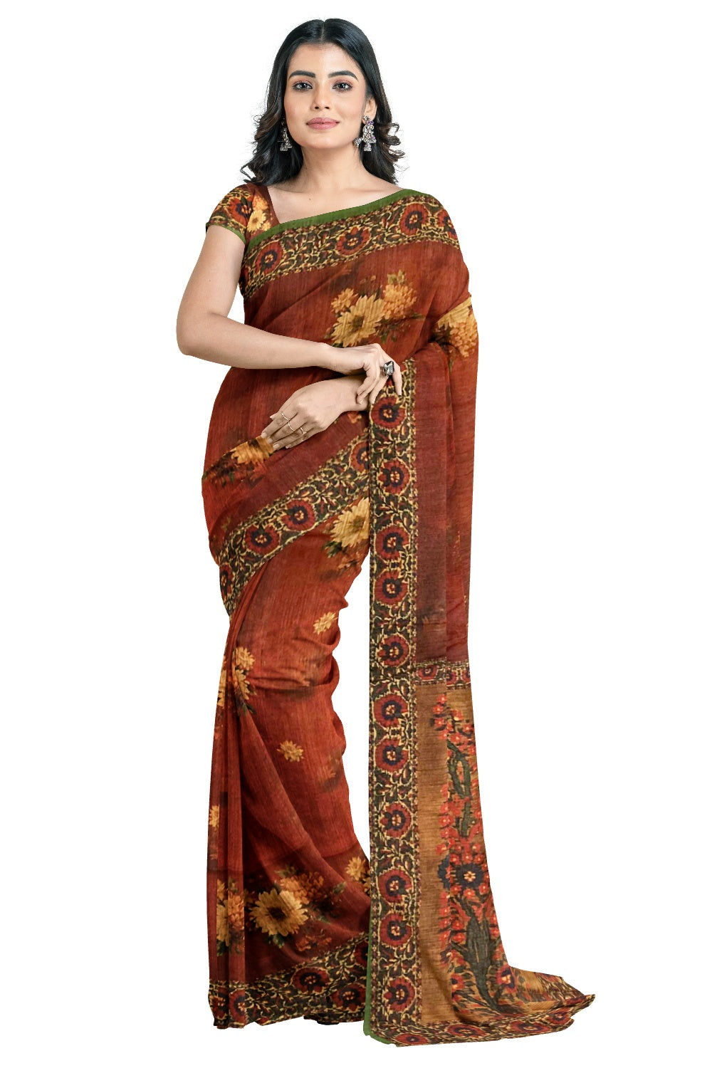 Southloom Semi Silk Dark Orange and Brown Floral work Designer Saree