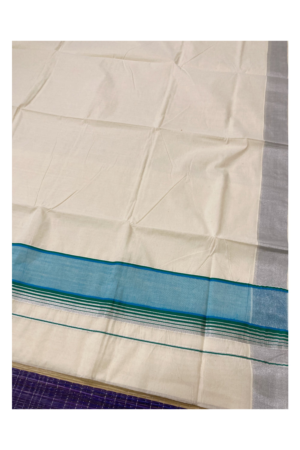 Pure Cotton Silver Kasavu Plain Saree with Green and Light Blue Border