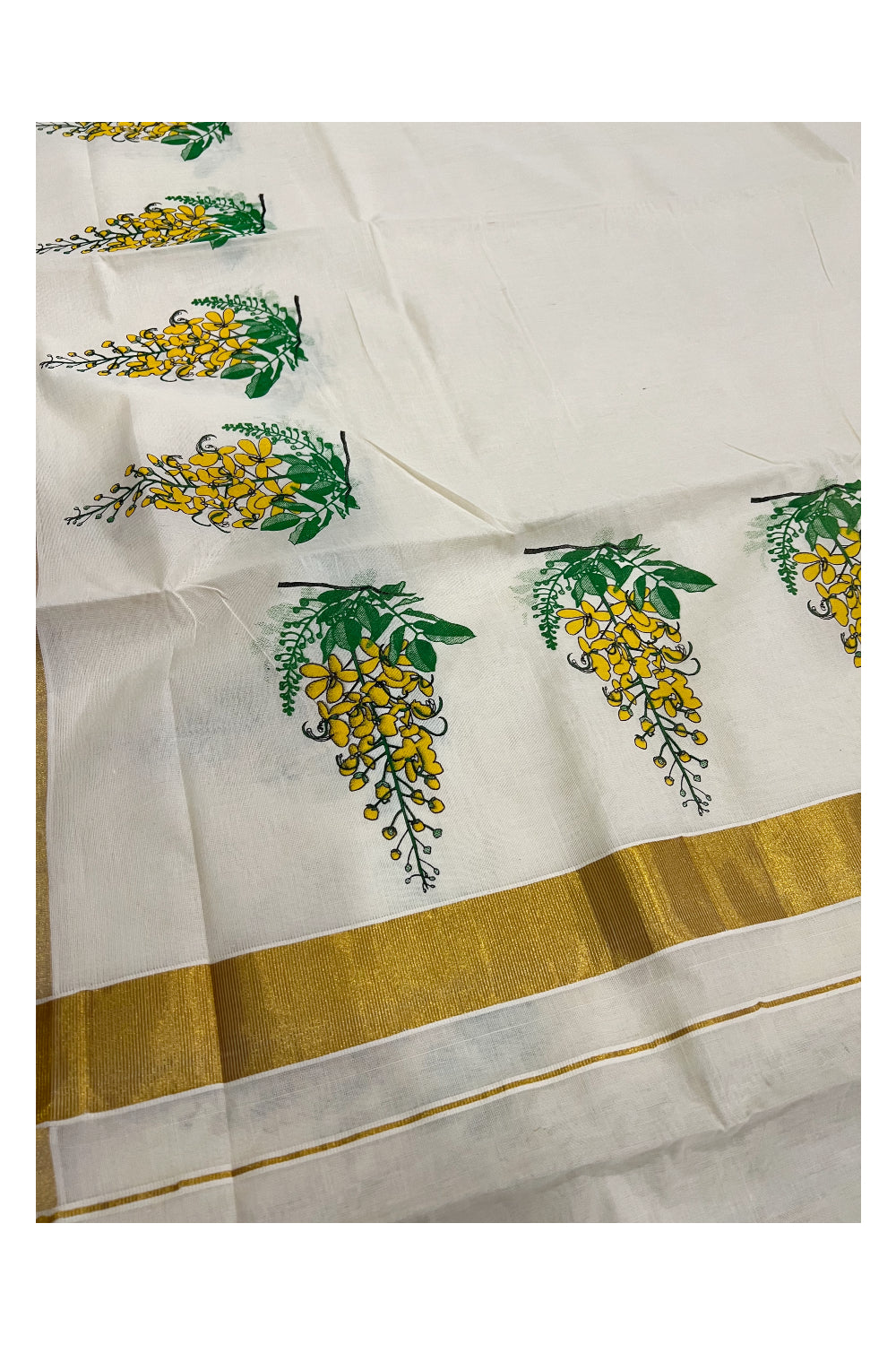 Kerala Cotton Kasavu Saree with Floral Printed Design