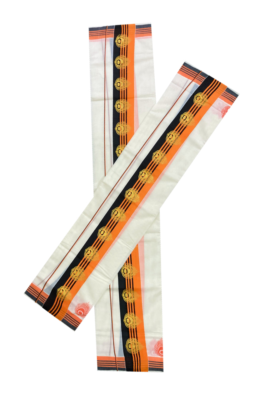 Cotton Set Mundu (Mundum Neriyathum) with Golden Block Prints on Black and Orange Border