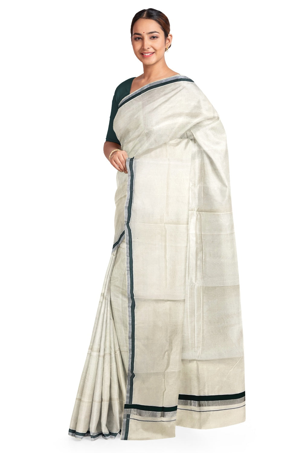 Kerala Pure Cotton Plain Saree with Silver Kasavu and Green Border