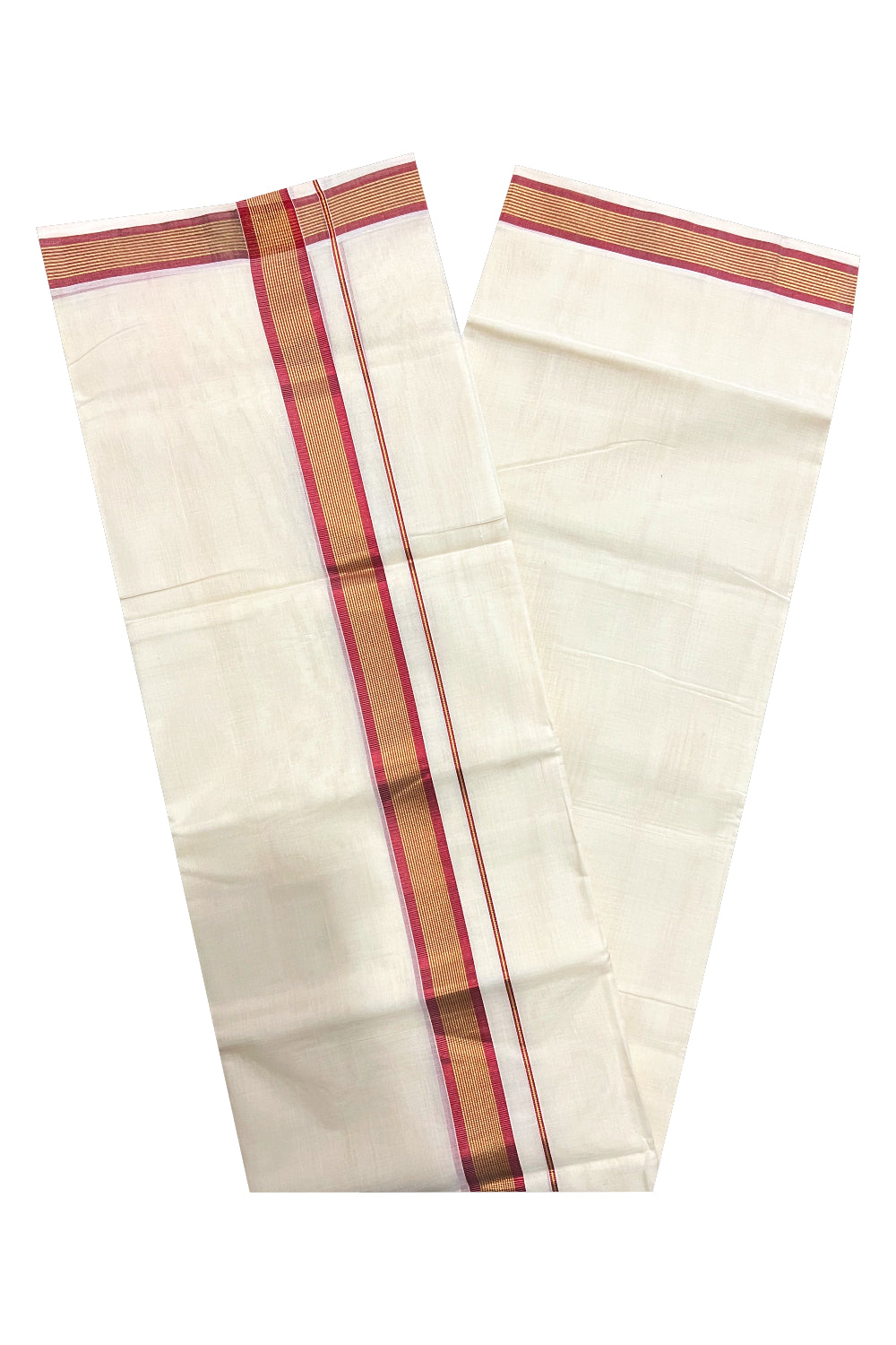 Southloom Premium Handloom Pure Cotton Mundu with Golden and Red Kasavu Border (South Indian Dhoti)