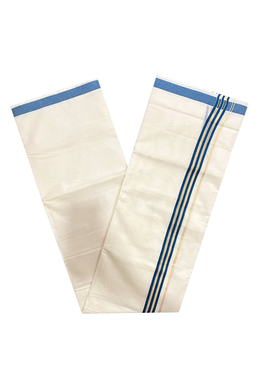 Pure Cotton Off White Double Mundu with Blue and Kasavu Kara (South Indian Kerala Dhoti)