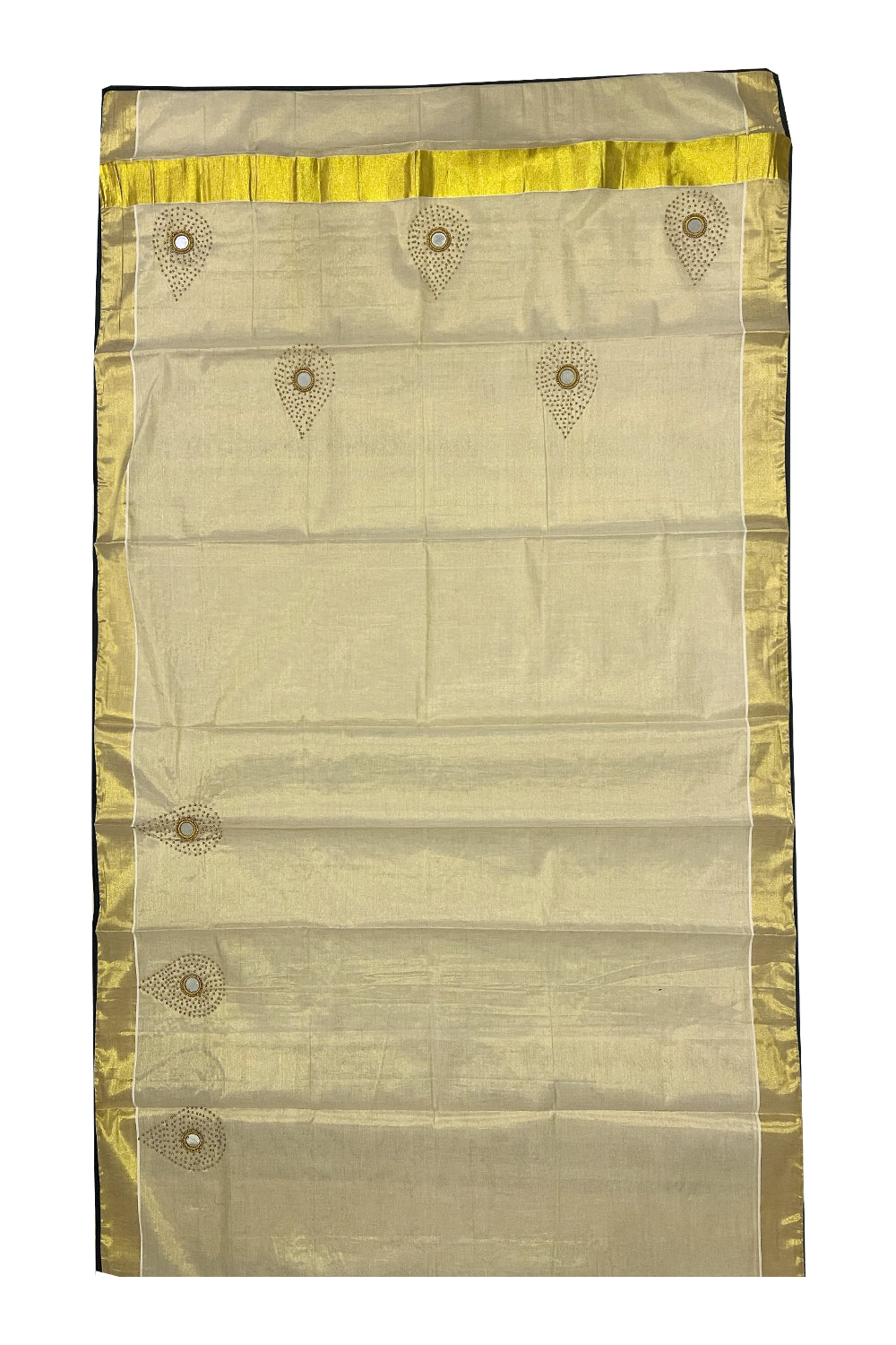 Kerala Tissue Kasavu Saree with Bead and Mirrorwork Design and Black Piping Works on Border