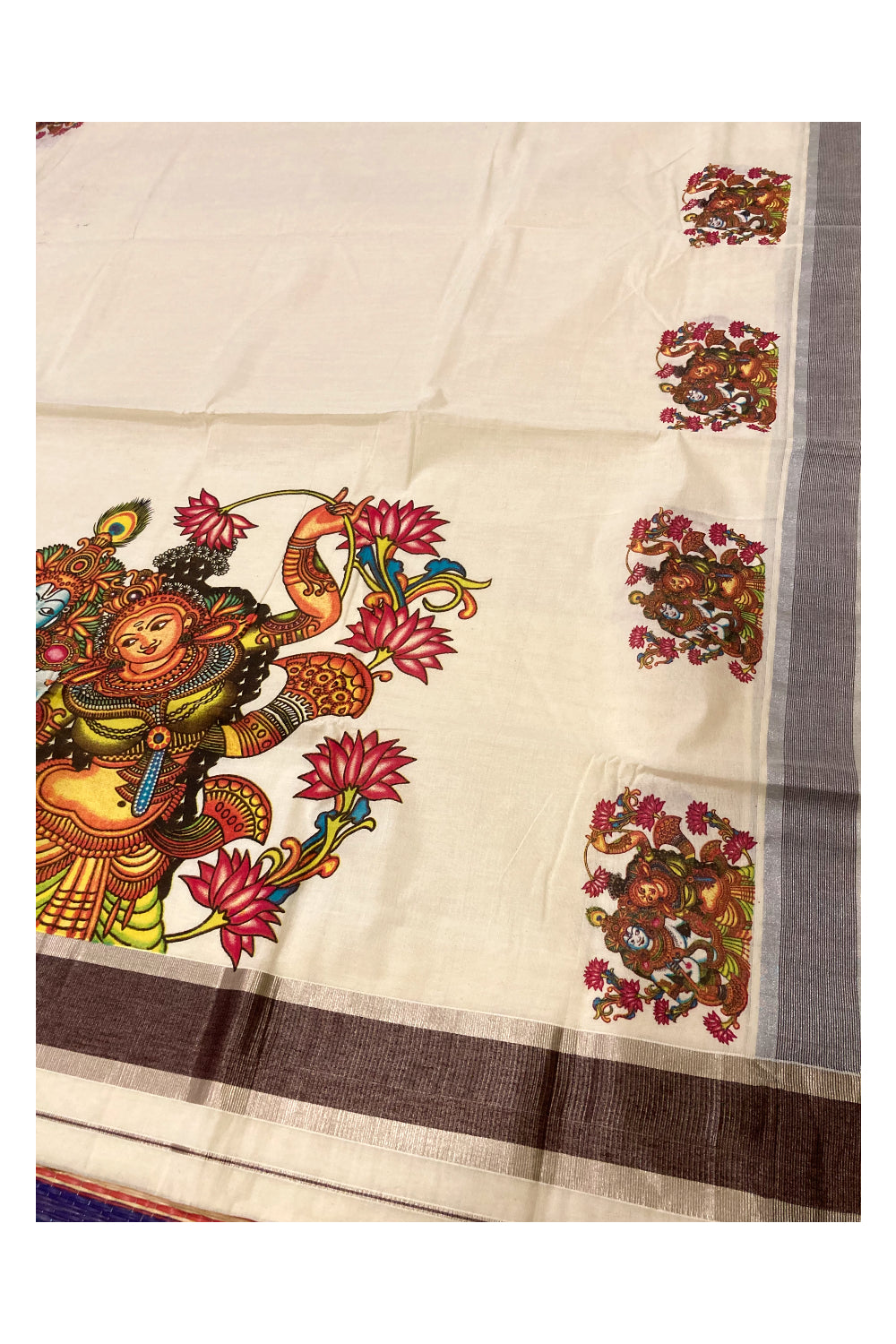 Pure Cotton Kerala Saree with Krishna Radha Mural Prints and Silver Brown Border