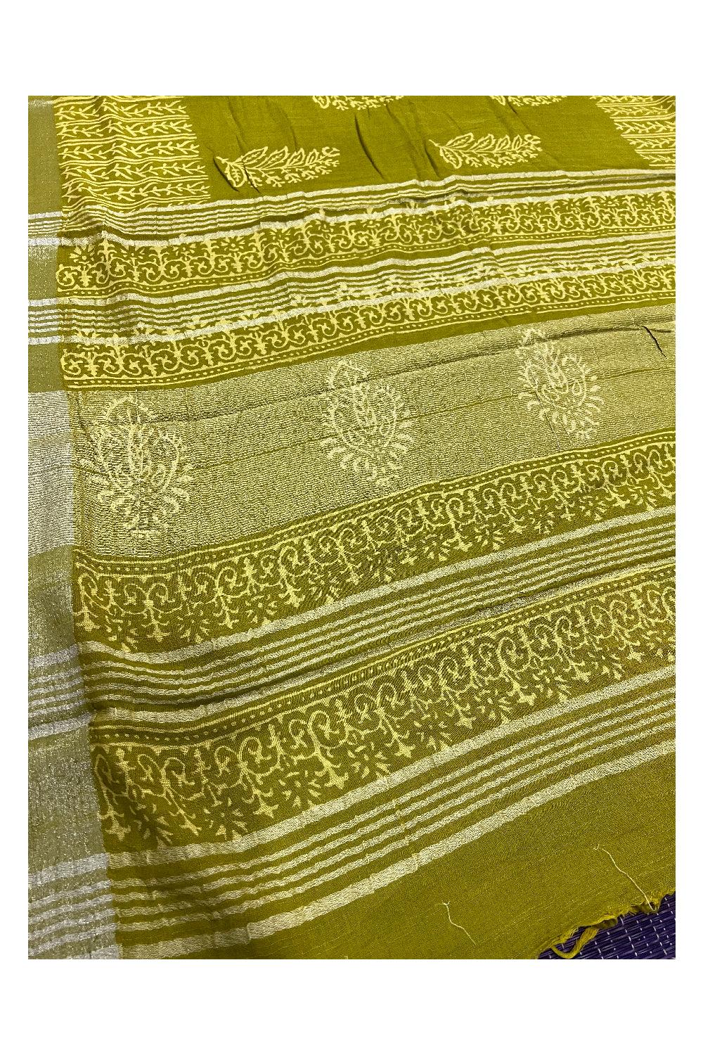 Southloom Linen Light Green Designer Saree with White Prints and Tassels on Pallu