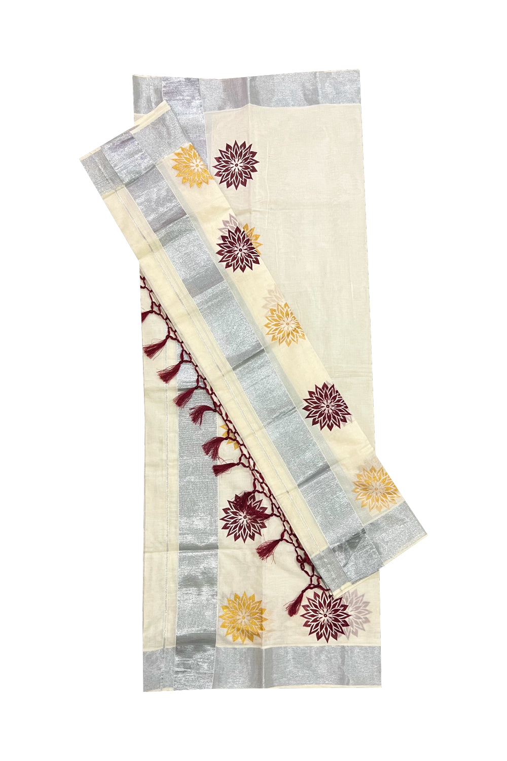 Kerala Cotton Mundum Neriyathum Single (Set Mundu) with Maroon and Golden Floral Block Prints