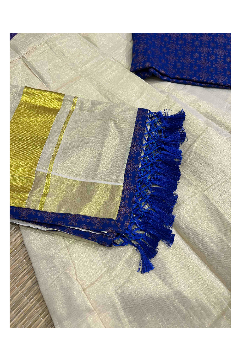 Kerala Tissue Stitched Dhavani Set with Blouse Piece and Neriyathu ...