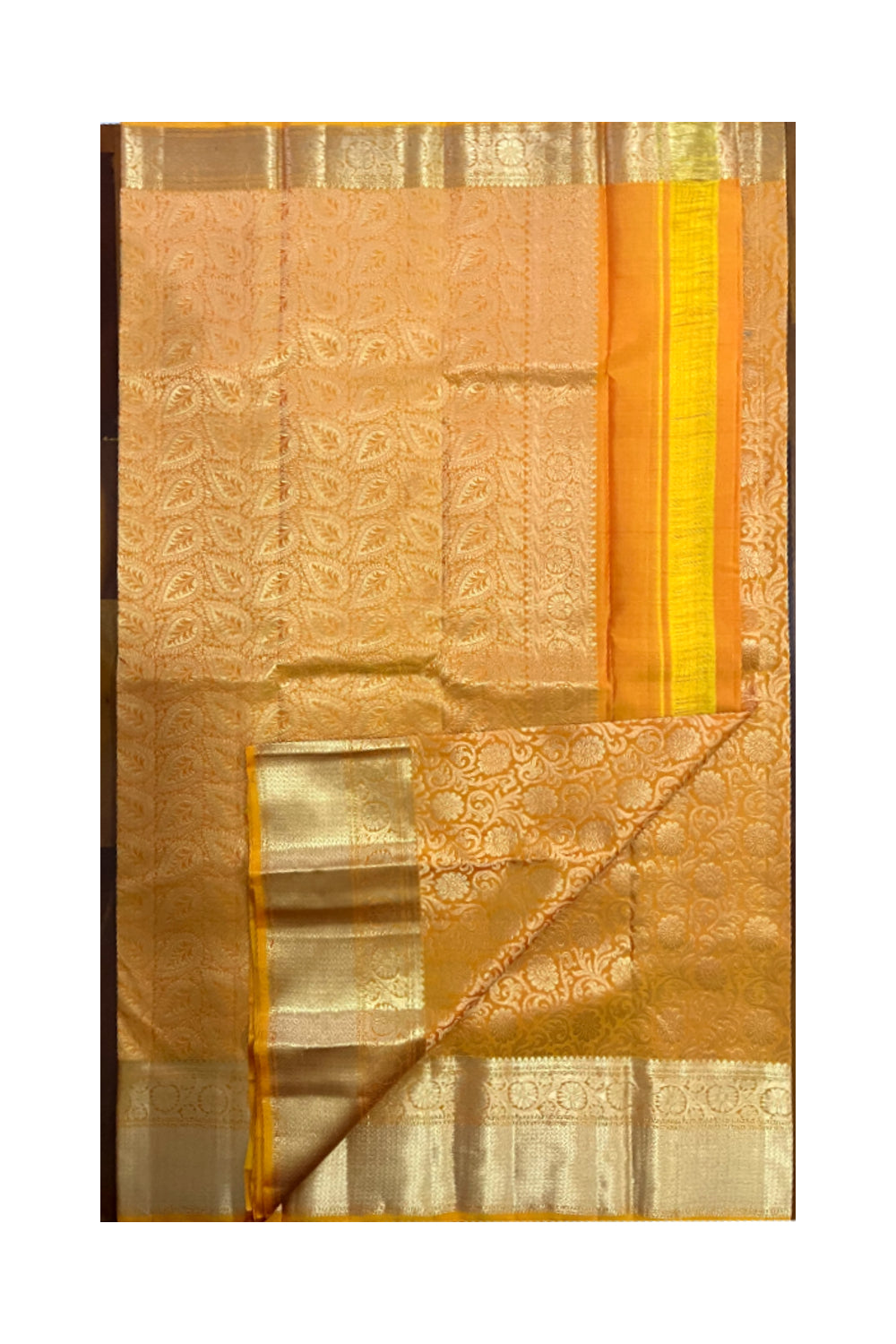 Southloom Double Warp Handloom Pure Silk Kanchipuram Yellow Manthrakodi Saree with Kasavu Woven Works