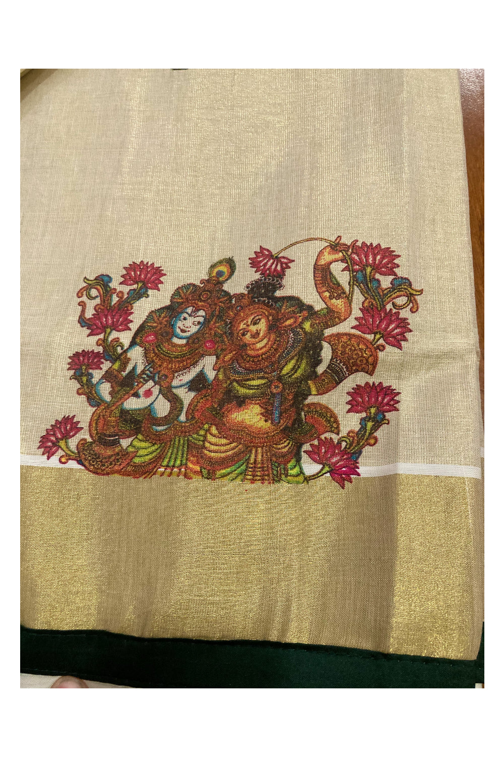 Kerala Tissue Kasavu Saree with Mural Krishna Radha Prints and Green Piping works on Border