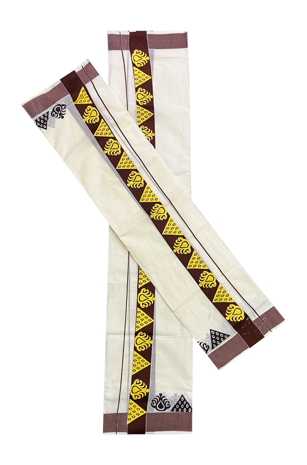 Kerala Cotton Set Mundu (Mundum Neriyathum) with Yellow Block Prints in Brown Border