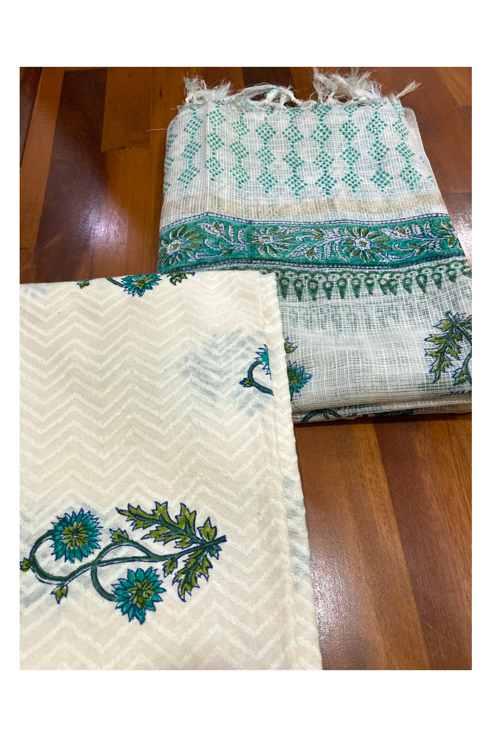 Southloom™ Cotton Churidar Salwar Suit Material in Off White with Green Floral Printed Design