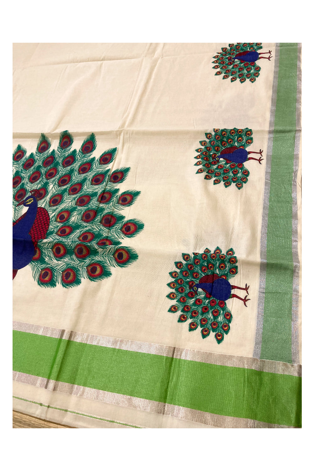 Pure Cotton Kerala Saree with Peacock Mural Prints and Silver Green Border