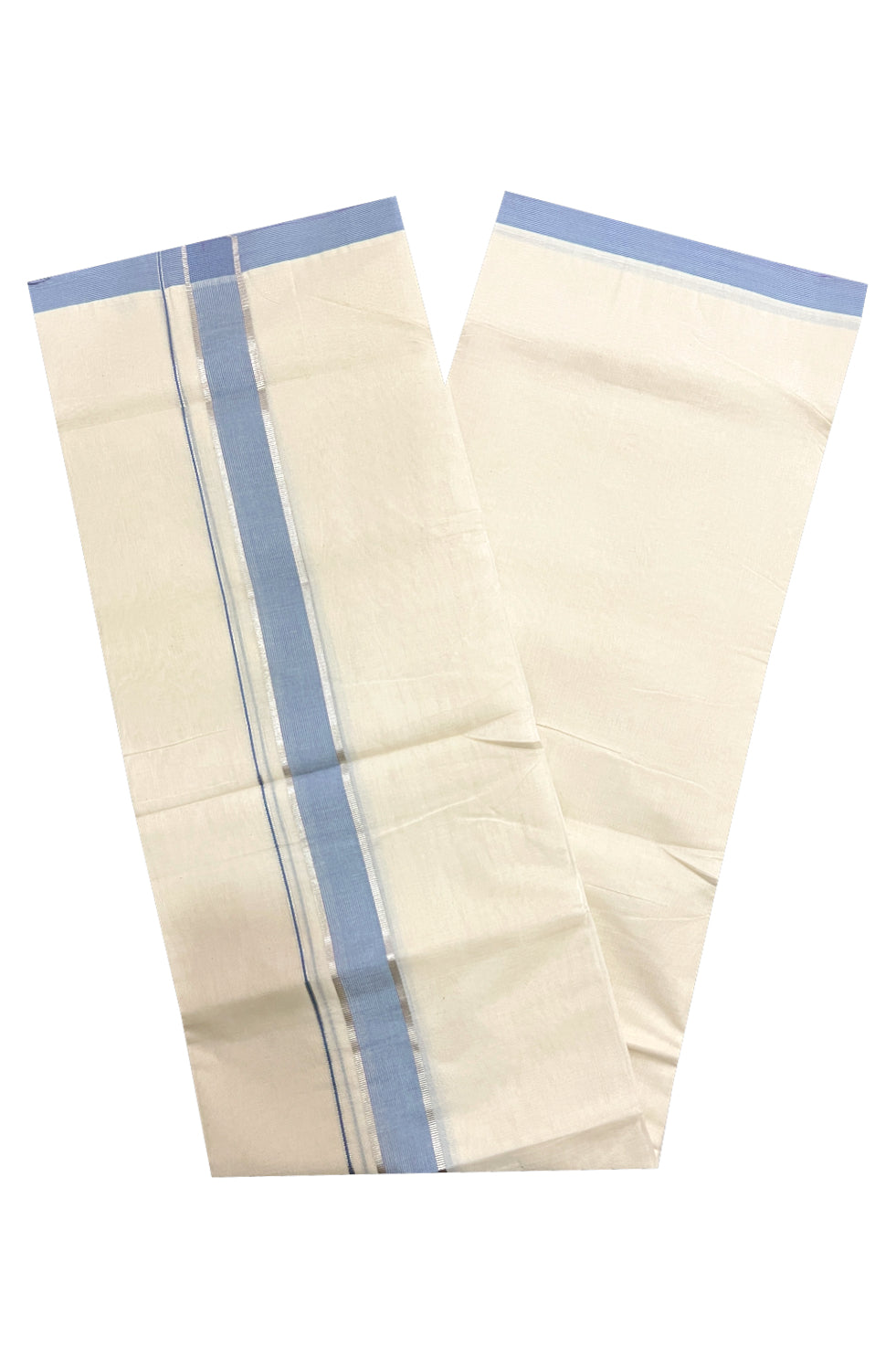 Pure Cotton Off White 100x100 Double Mundu with Silver Kasavu and Blue Border (South Indian Dhoti)