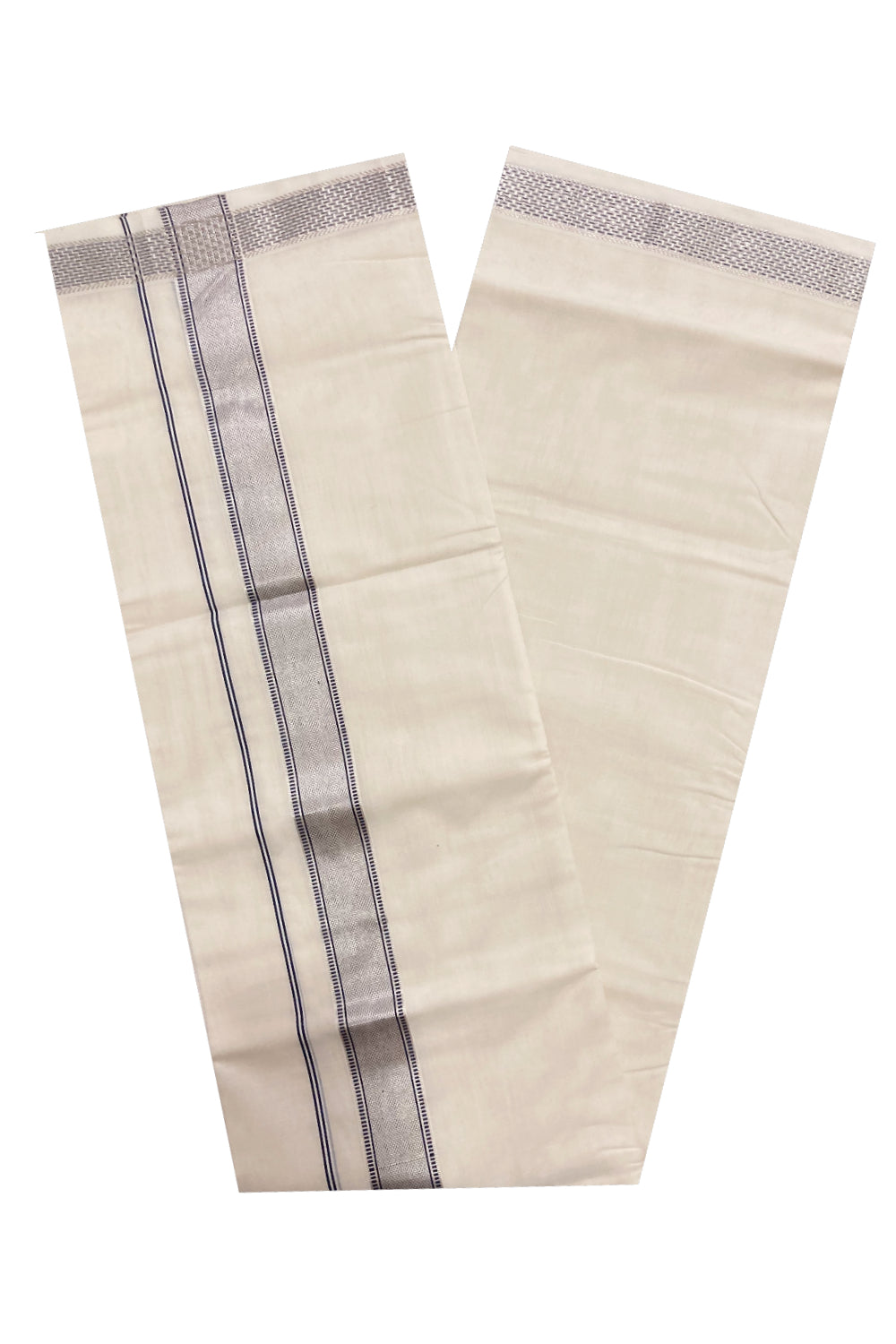 Southloom Premium Handloom Pure Cotton Mundu with Silver Kasavu and Navy Blue Design Border (South Indian Dhoti)