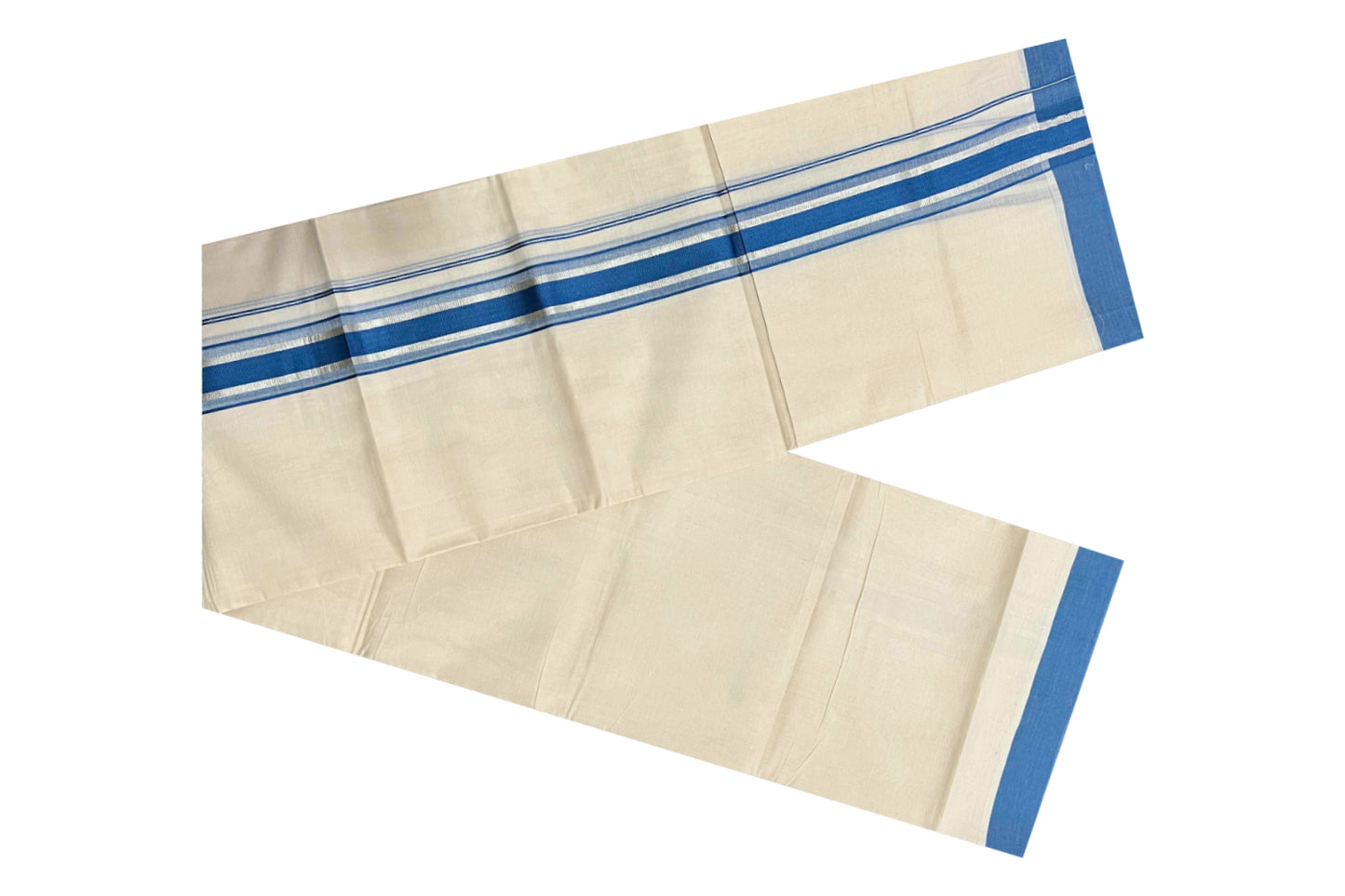 Off White Kerala Double Mundu with Silver Kasavu and Blue Border (South Indian Dhoti)