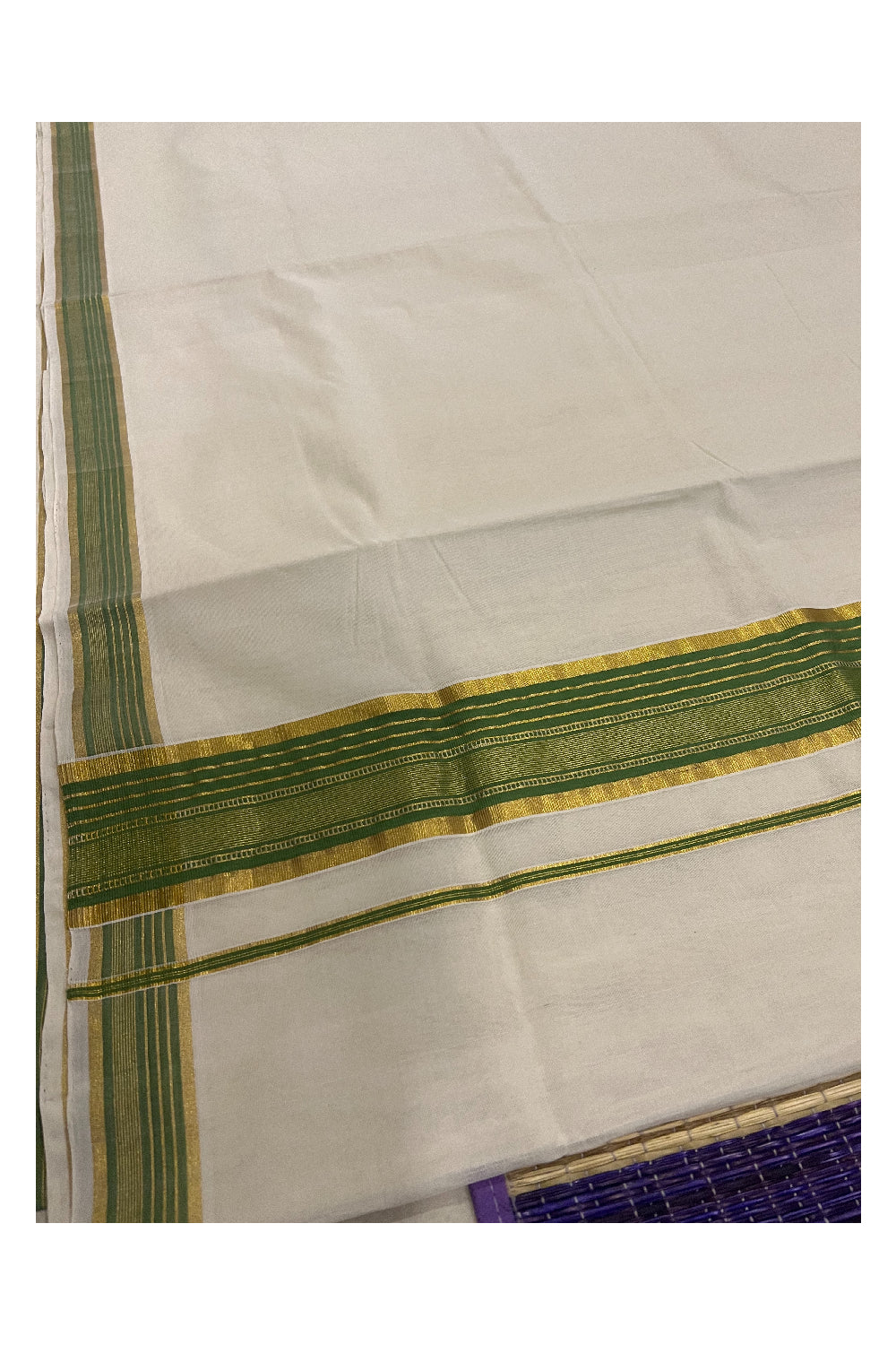 Southloom™ Premium Handloom Kerala Saree with Light Green and Kasavu Border