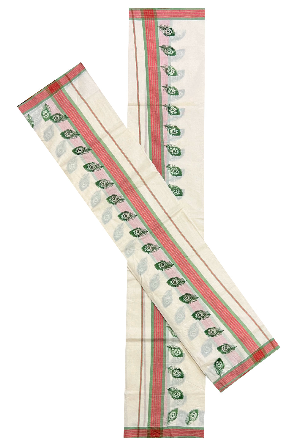 Pure Cotton Set Mundu (Mundum Neriyathum) with Green Feather Block Prints on Red and Green Border