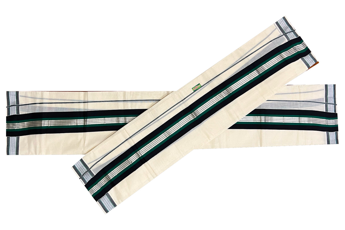 Pure Cotton Mundum Neriyathum Single (Set Mundu) with Silver Kasavu Black and Dark Green Border 2.80 Mtrs