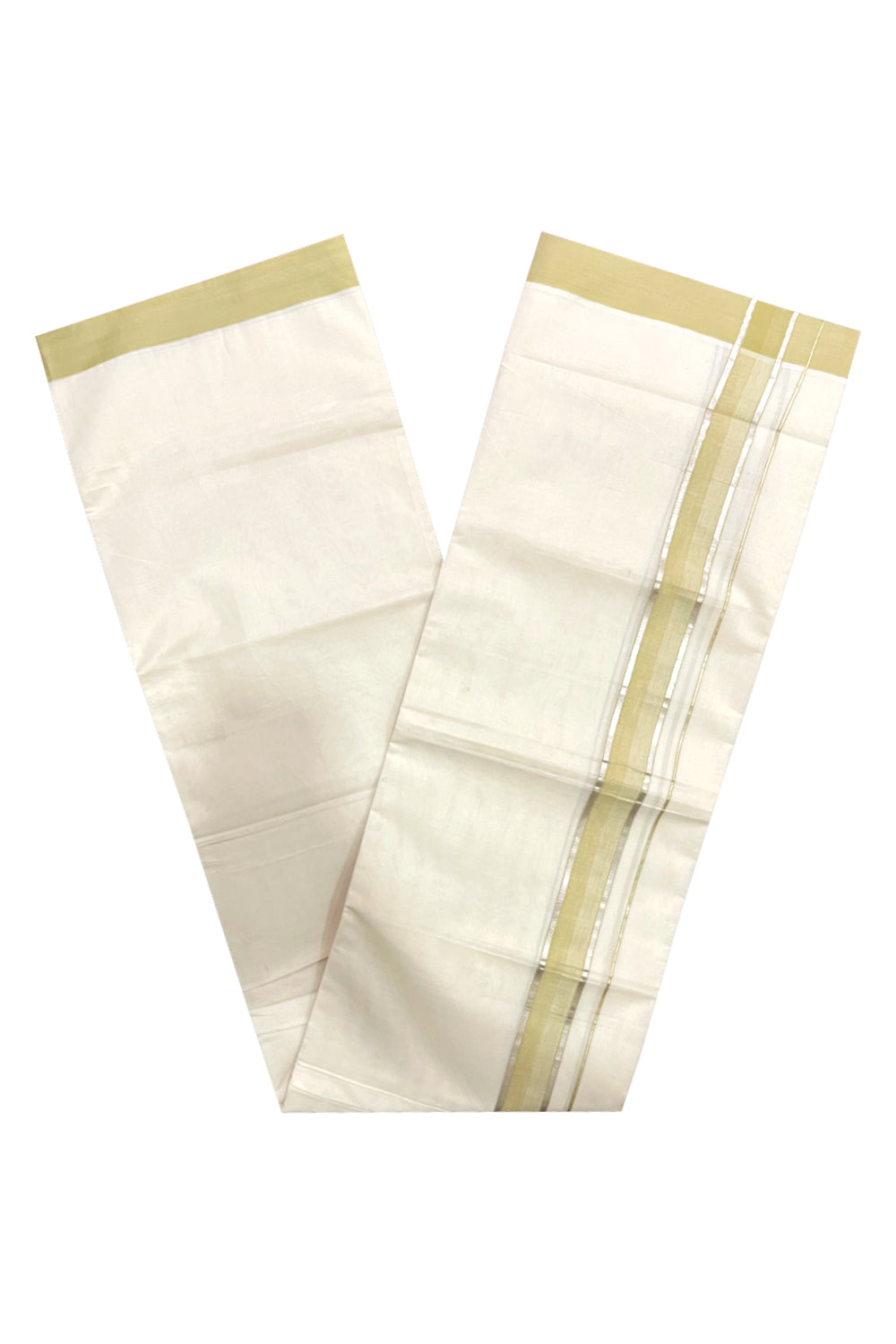 Pure Cotton Off White Double Mundu with Silver Kasavu and Green Border (South Indian Dhoti)