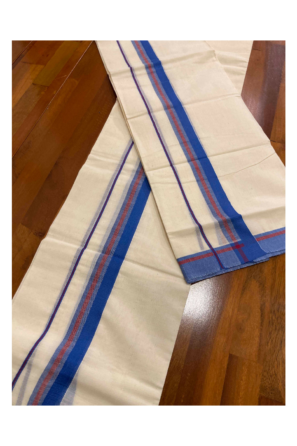 Kerala Cotton Mundum Neriyathum Single (Set Mundu) with Blue Border