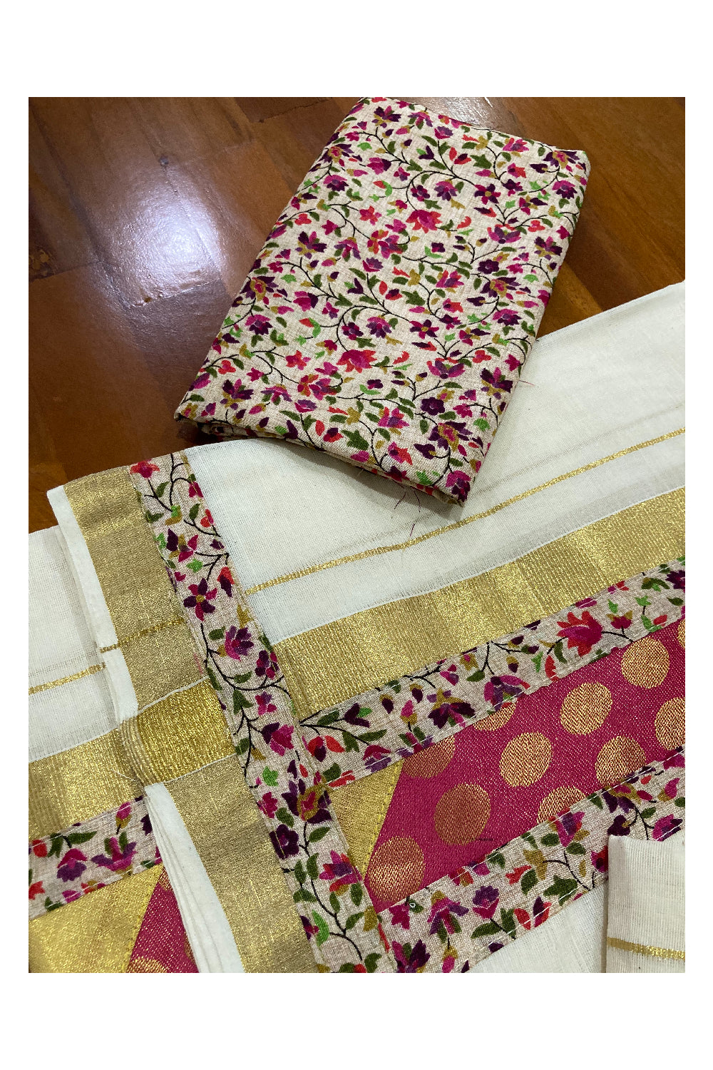 Kerala Cotton Fusion Art Set Mundu (Mundum Neriyathum) with Kasavu and Floral Figures on Beige Border 2.80 Mtrs