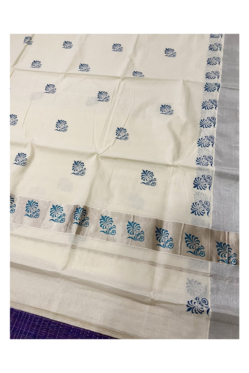 Pure Cotton Kerala Saree with Blue Floral Block Prints on Silver Border and Pallu