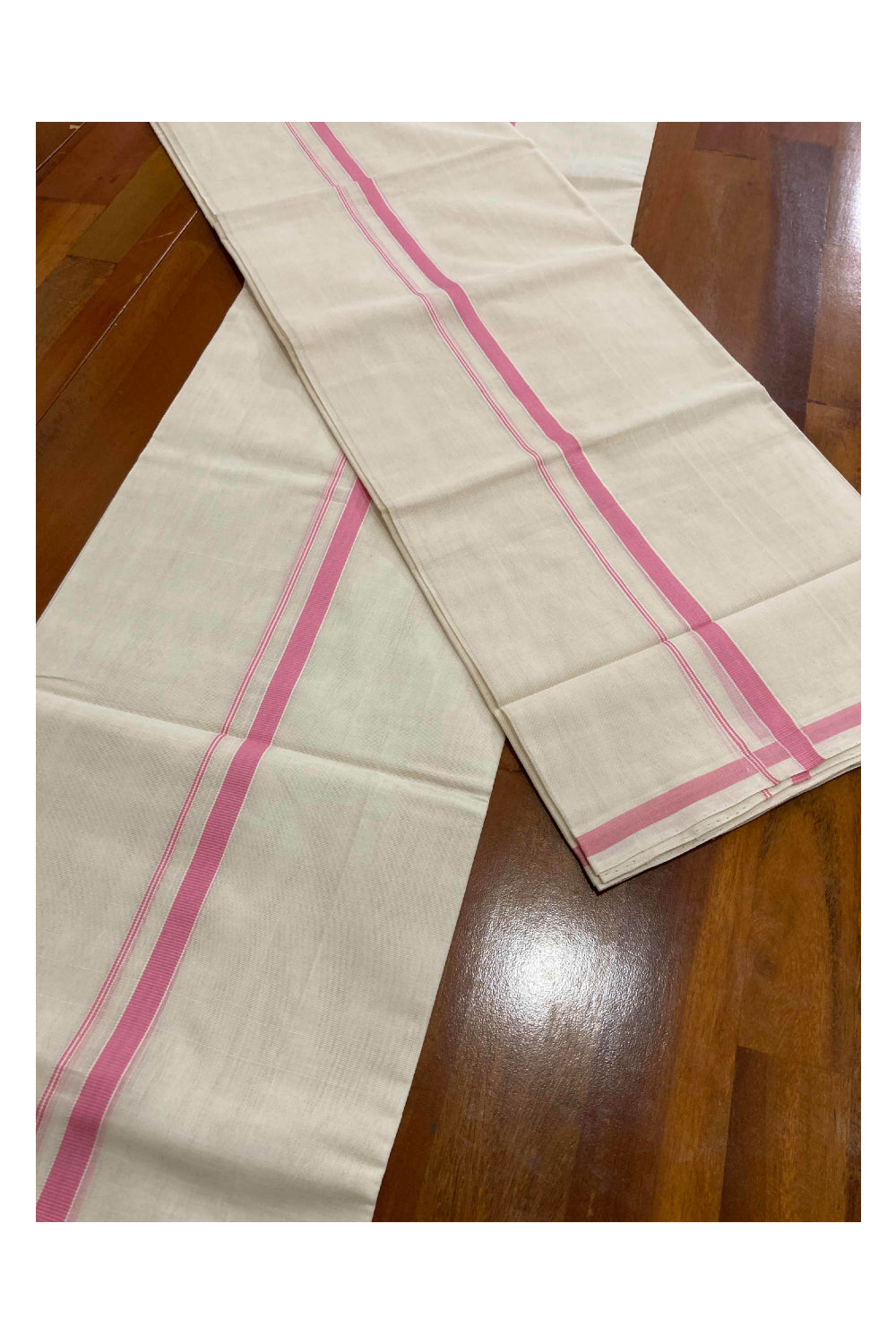 Southloom™ Premium Handloom Mundum Neriyathum (Set Mundu) with 0.5 inch Pink Border (Weaver: Jaya)