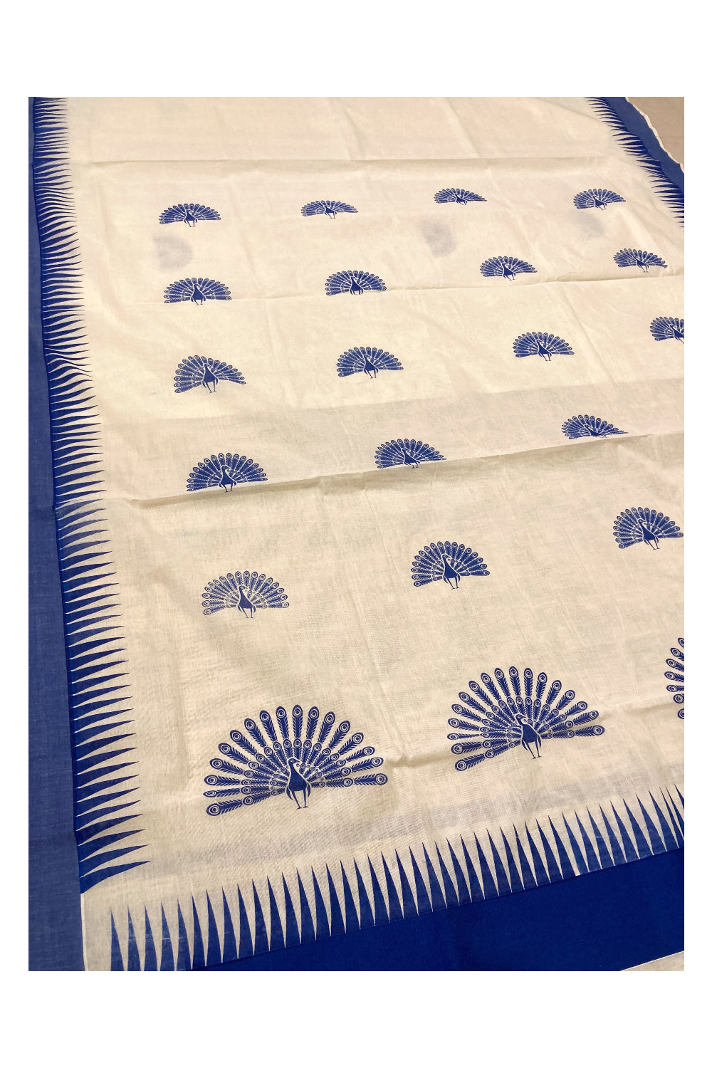 Pure Cotton Kerala Saree with Blue Block Printed Design