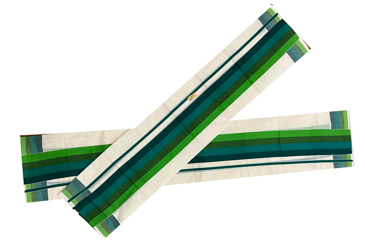 Kerala Cotton Mundum Neriyathum Single (Set Mundu) with Green Lines Border 2.80 Mtrs