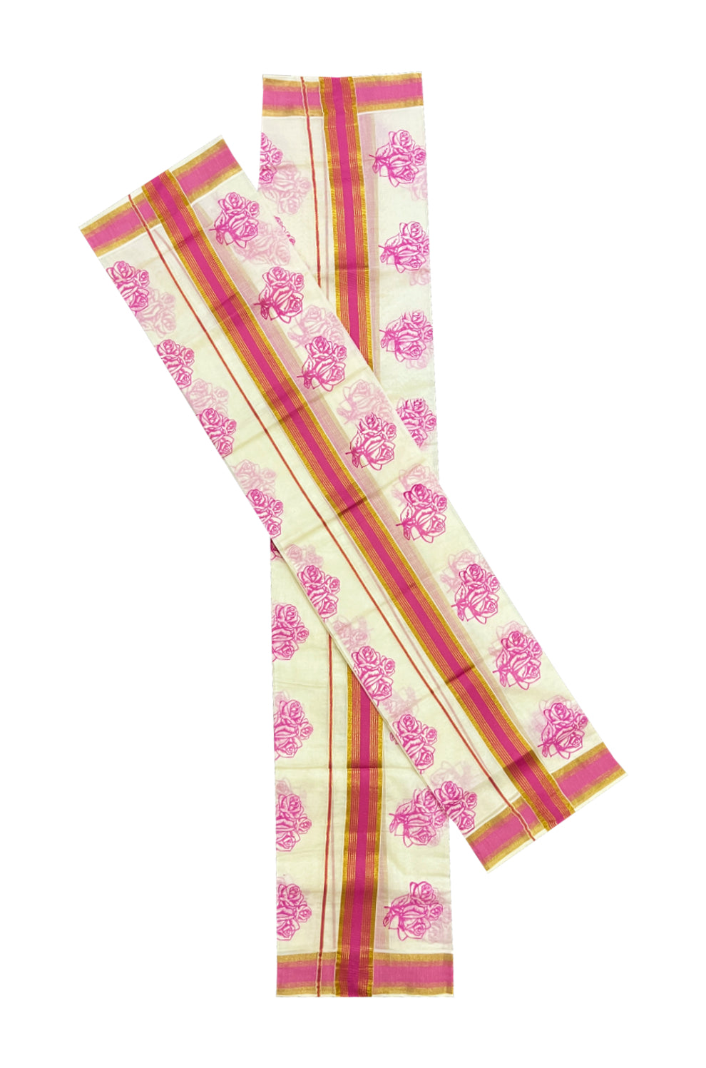 Pure Cotton Kasavu Single Set Mundu (Mundum Neriyathum) with Pink Floral Block Prints