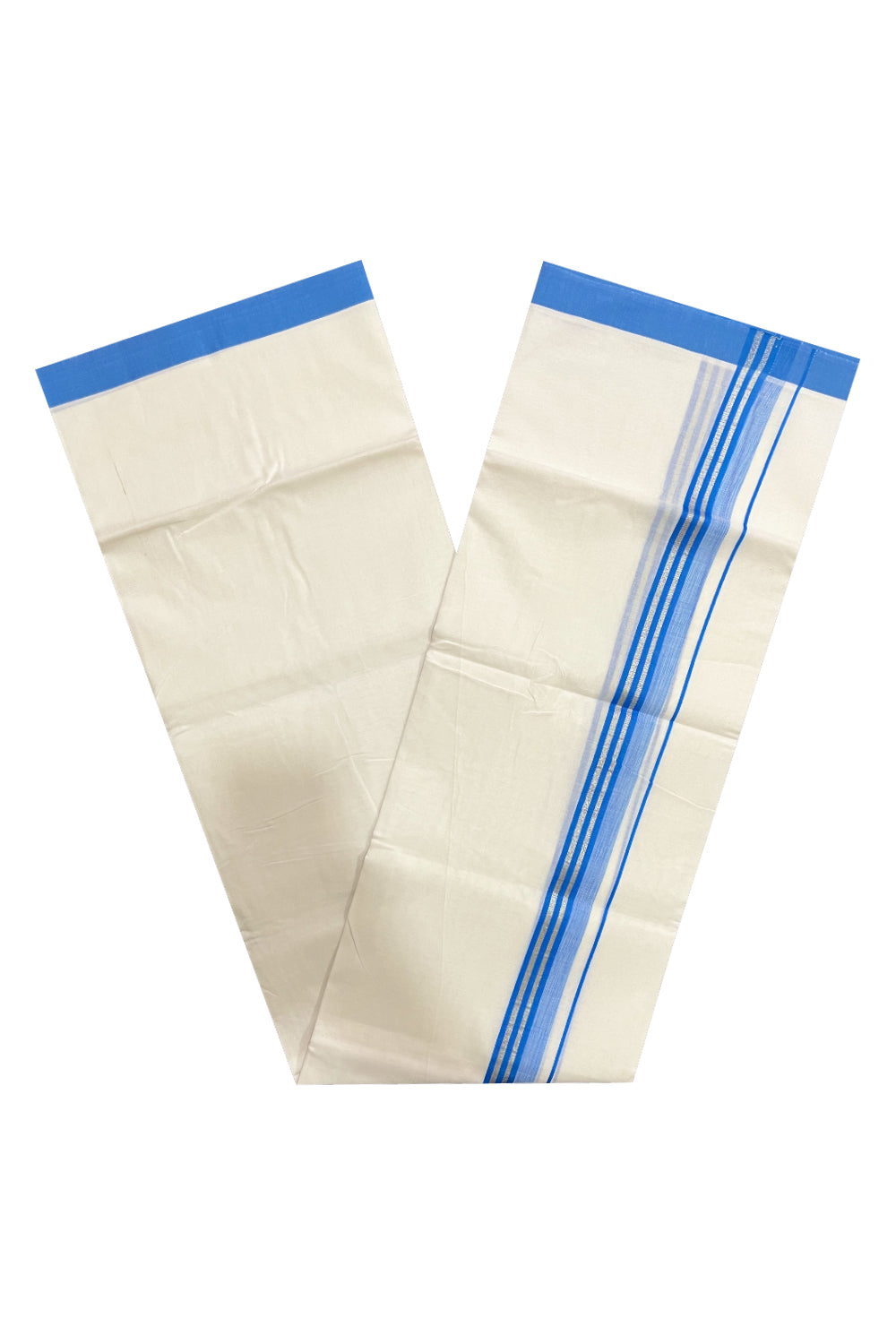 Pure White Cotton Double Mundu with Silver Kasavu and Blue Border (South Indian Dhoti)