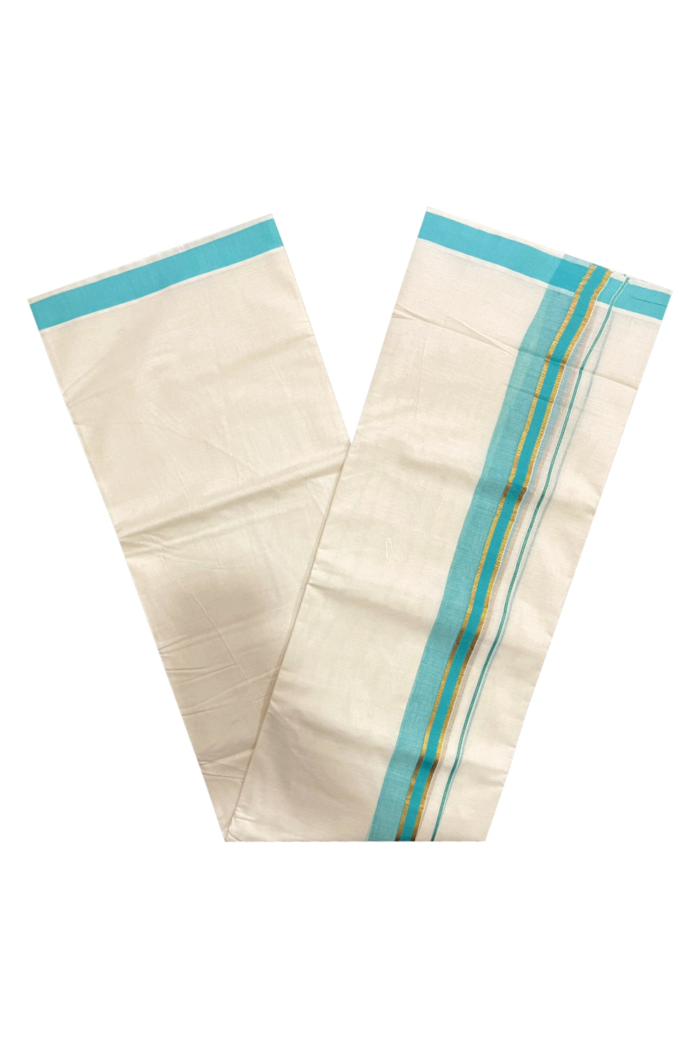 Pure Cotton Double Mundu with Turquoise and Kasavu Kara (South Indian Dhoti)