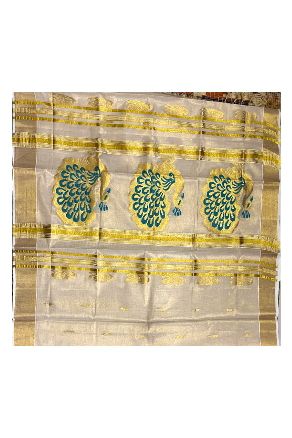 Kerala Tissue Kasavu Saree with Golden and Green Heavy Woven Works (Onam Saree 2023)