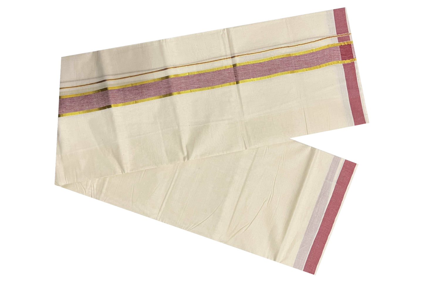 Off White Kerala Double Mundu with Kasavu and Dark Red Border (South Indian Dhoti)