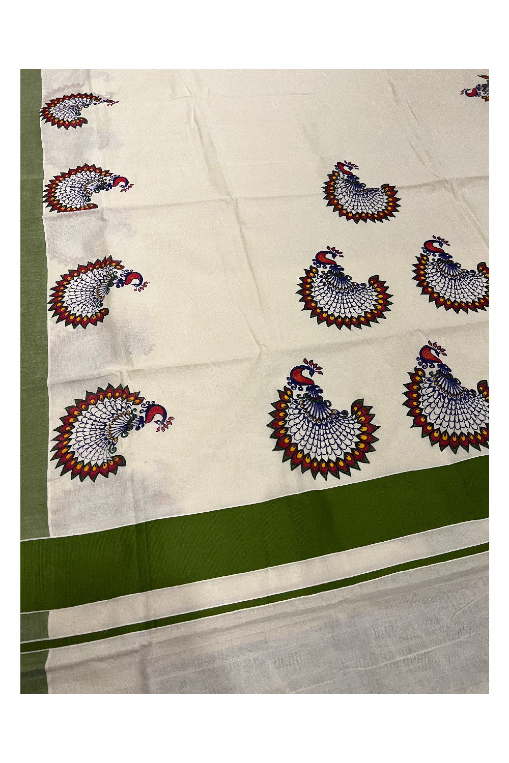 Kerala Pure Cotton Saree with Mural Printed Peacock Design and Green Border