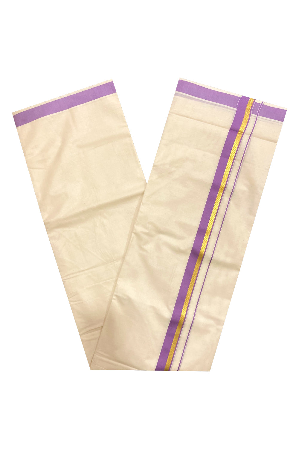 Pure Cotton Double Mundu with Violet and Kasavu Border (South Indian Kerala Dhoti)