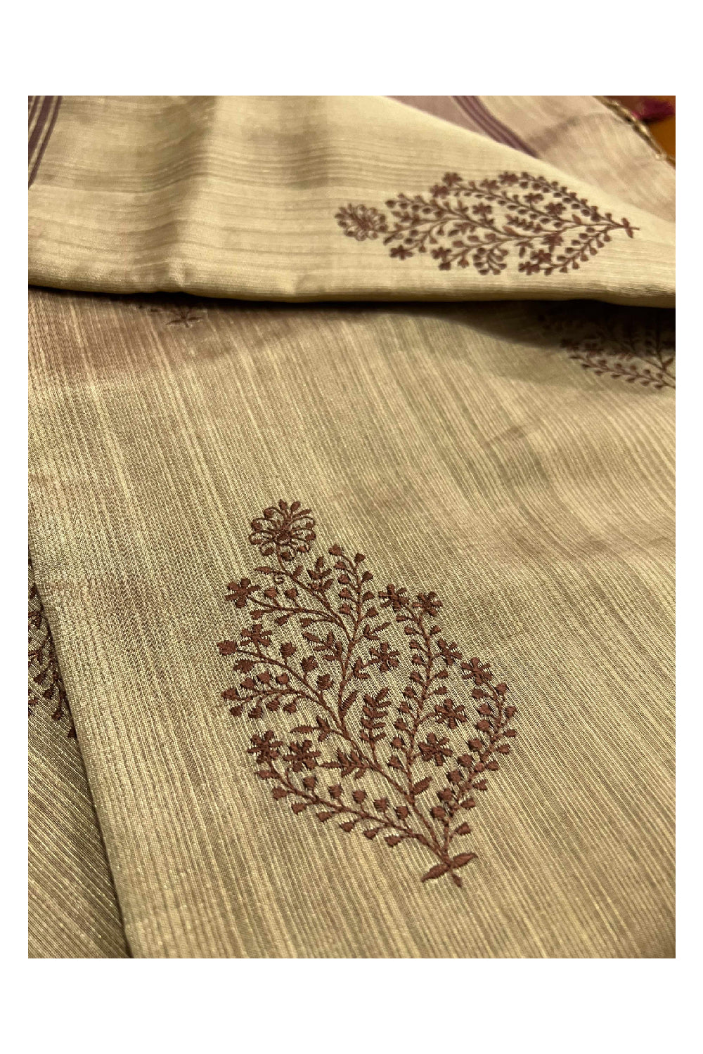 Southloom Light Brown Semi Tussar Thread Work Designer Saree with Tassels on Pallu