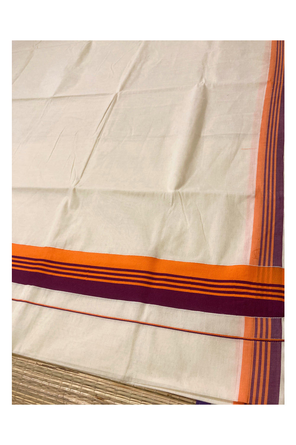 Pure Cotton Plain Kerala Saree with Orange and Maroon Border