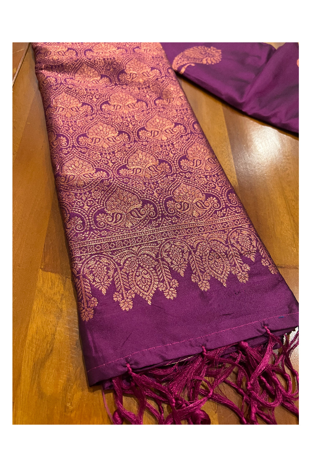 Southloom Magenta Semi Silk Designer Saree with Copper Kasavu Woven Works on Body