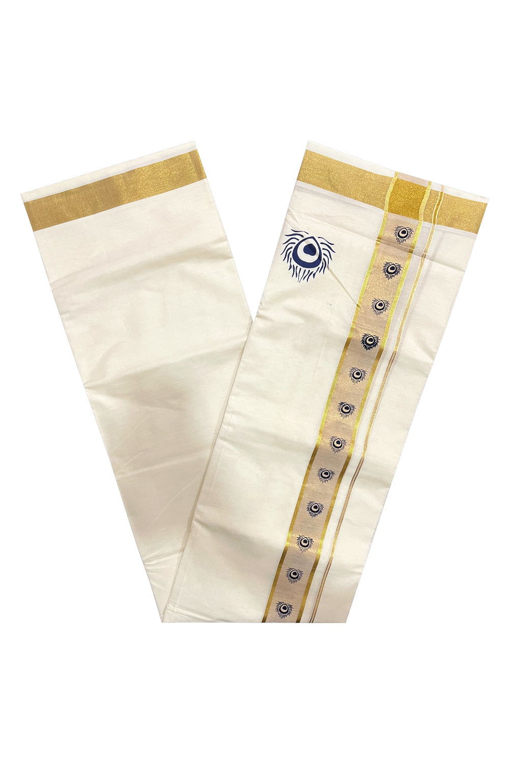 Pure Cotton Off White Double Mundu with Blue Block Prints on Kasavu Kara (South Indian Dhoti)