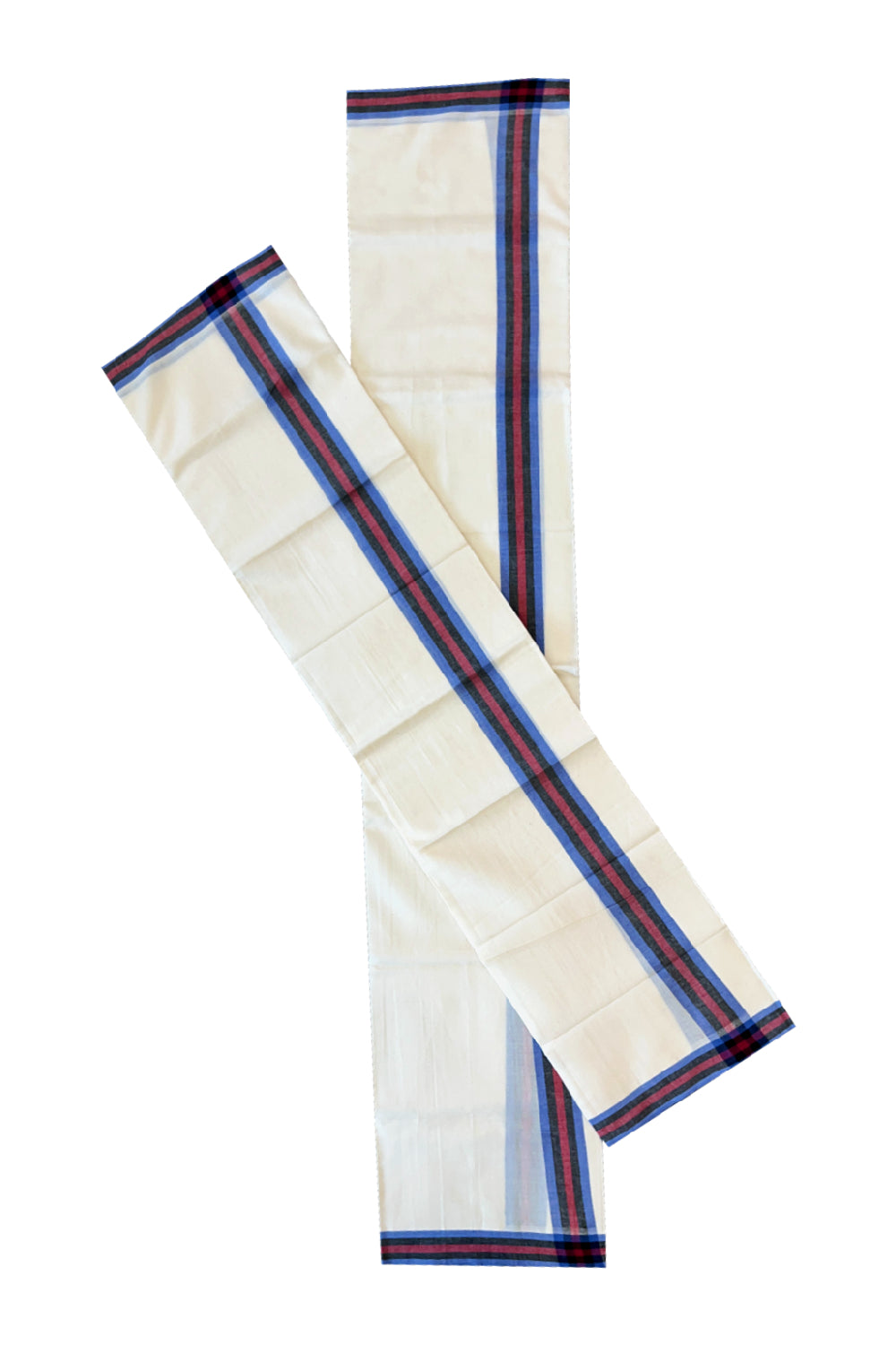 Kerala Cotton Mulloth Mundum Neriyathum Single (Set Mundu) with Blue and Red Border (Extra Soft Cotton) 2.80 Mtrs