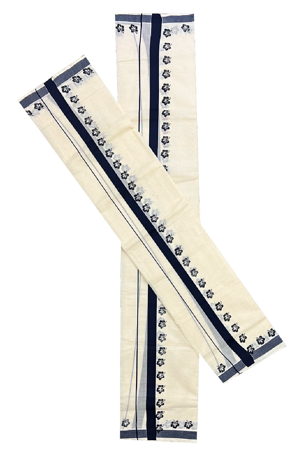 Pure Cotton Set Mundu (Mundum Neriyathum) with Navy Blue Floral Block Prints on Border