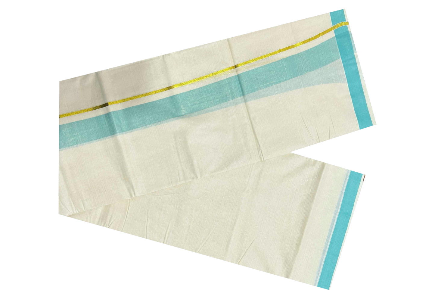 Off White Kerala Double Mundu with Turquoise and Kasavu Line Border (South Indian Dhoti)