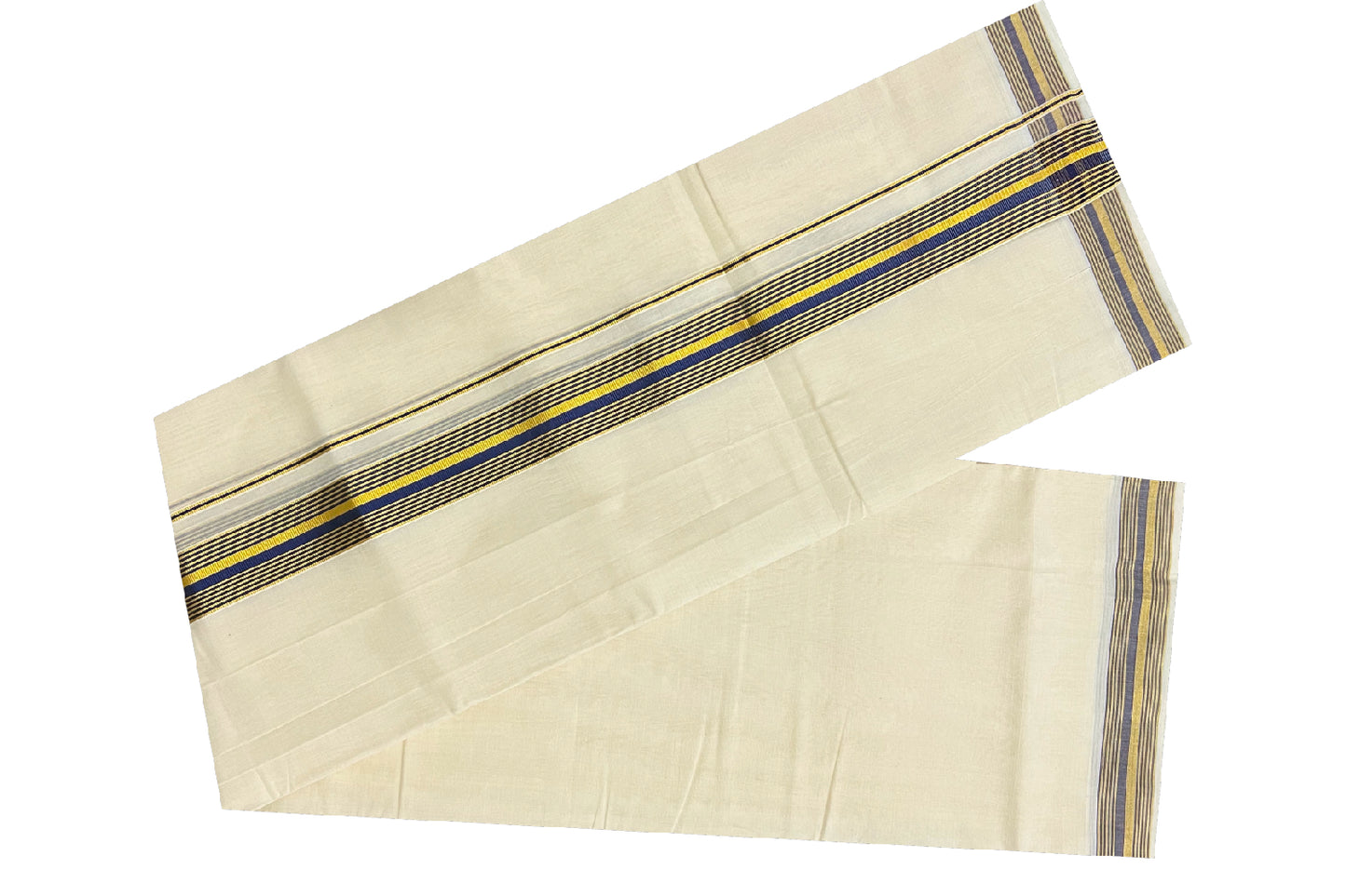 Southloom Kuthampully Handloom Pure Cotton Mundu with Golden and Black Kasavu Line Border (South Indian Dhoti)