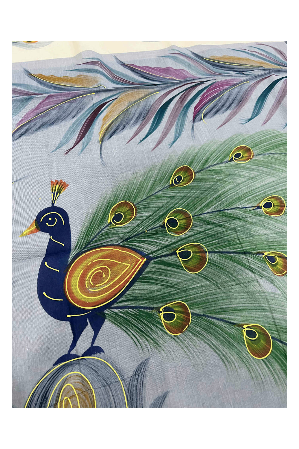 Southloom Blue Handpainted Mural Kerala Kasavu Saree with Peacock Art