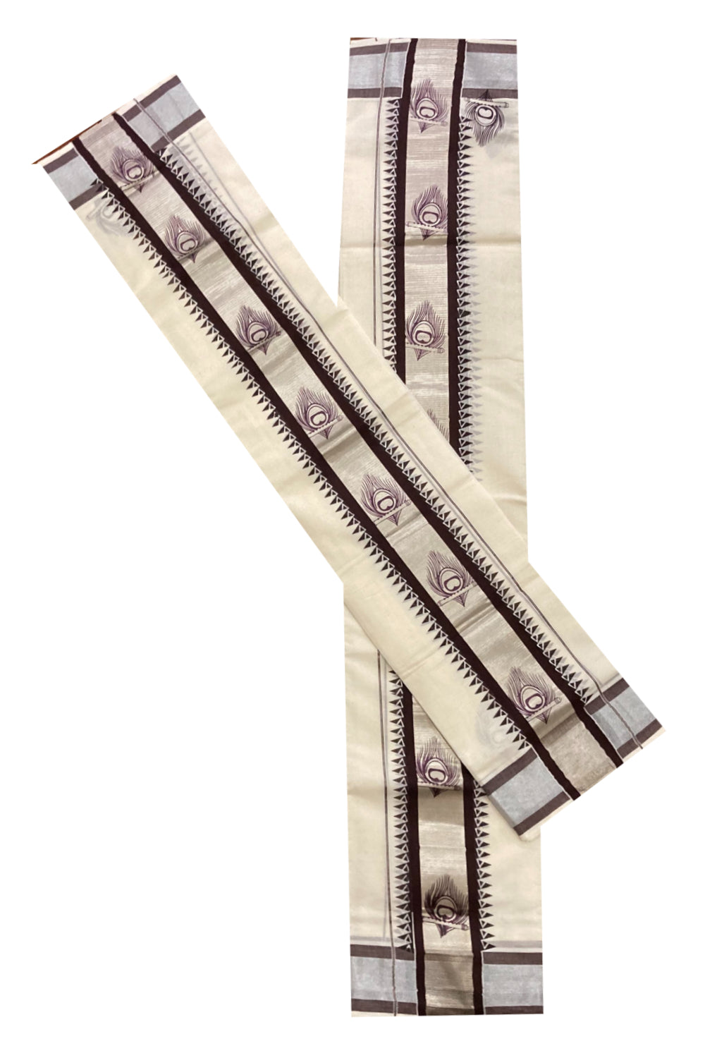 Single Set Mundu in Silver and Brown Kara with Hand Block Prints (2.80 m)