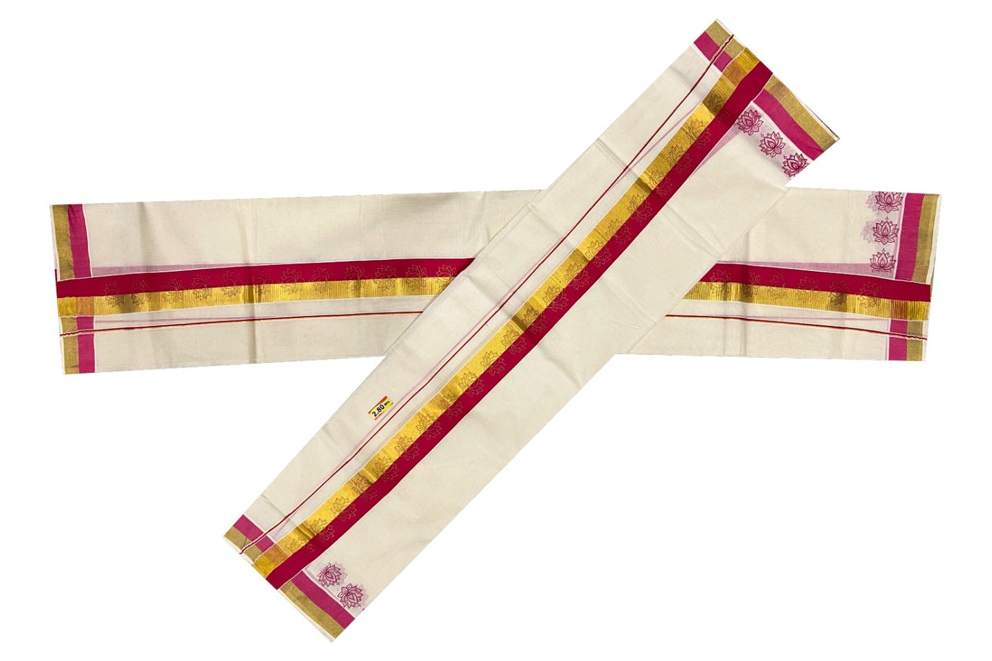 Kerala Cotton Kasavu Set Mundu (Mundum Neriyathum) with Dark Pink Floral Block Prints on Border 2.80 Mtrs