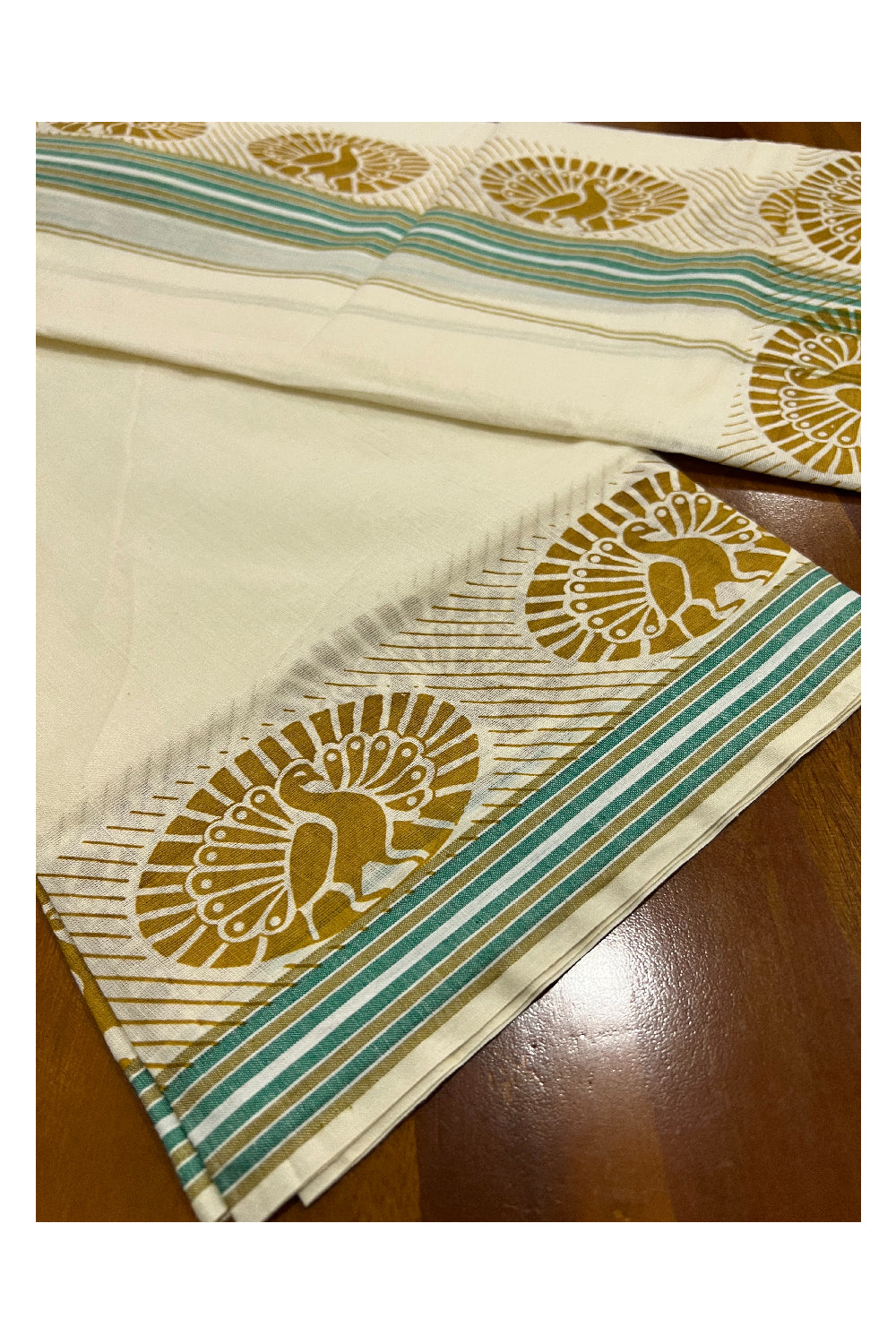 Southloom Mulloth Soft Cotton Set Mundu with Green Kara and Block Print