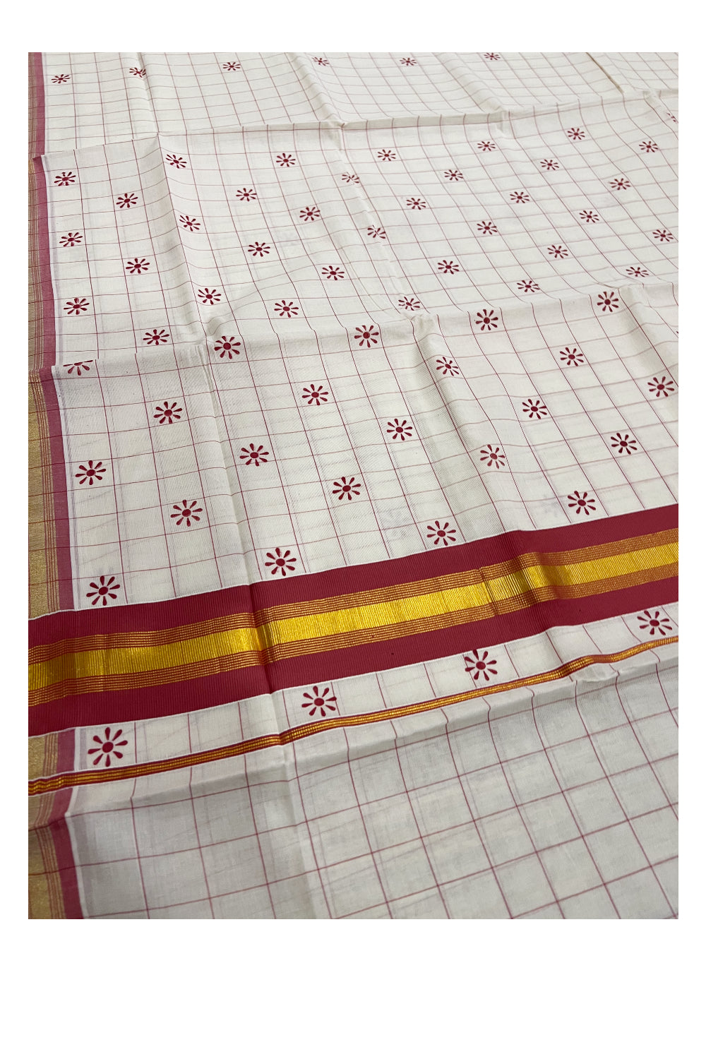 Pure Cotton Kerala Checkered Saree with Brick Red and Kasavu Border